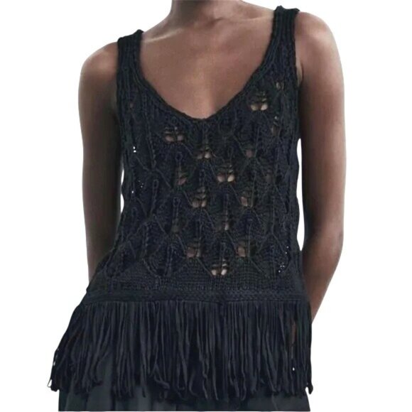 Zara Black Boho Open Weave Knit Crochet Fringe Tank Top Small - Picture 15 of 16